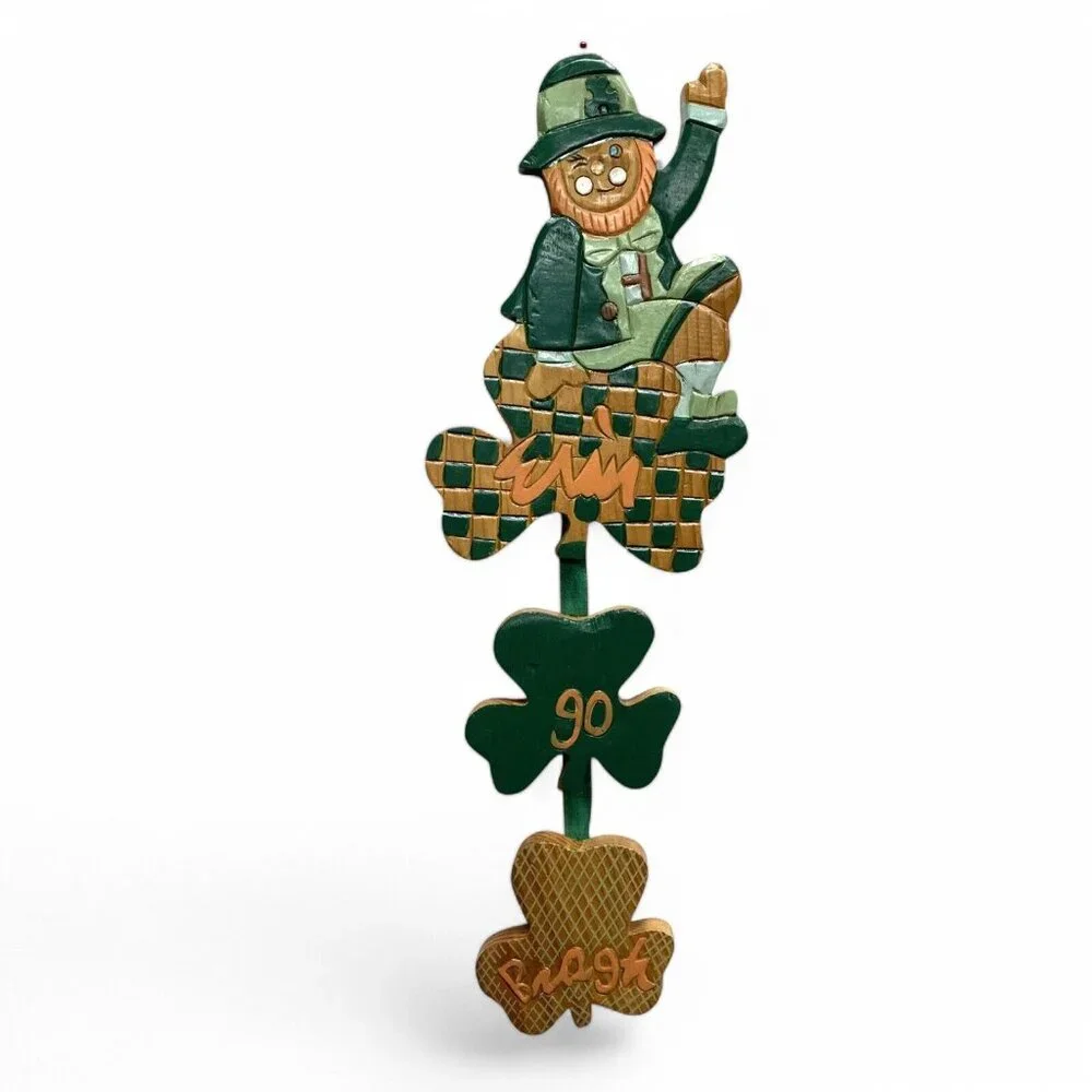 Vintage Handmade Leprechaun &‎ Clover Erin Go Bragh Wooden Sculpture Folk Art